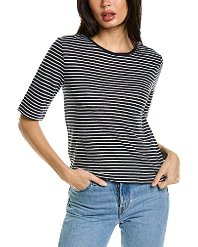 Vince Women's Striped Linen Elbow Slv Crew, Coastal/Optic White, Large #TOP28