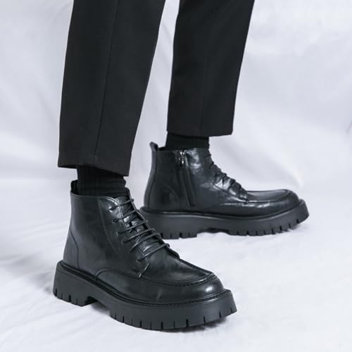 Men's Textured Leather Platform Chunky Low Heel Combat Boots with Side Zipper Vintage Round Toe Lug Sole Non-Slip Lace-Up Motorcycle Boots Work Office Business Casual Oxfords 5