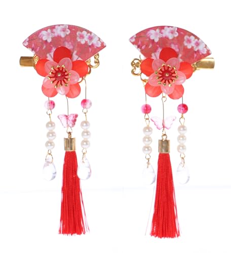 C-118-2 - Fermaglio a ventaglio Sakura con fiori di ciliegio e nappe per capelli giapponesi geisha kimono Cina Hanfu Accessir