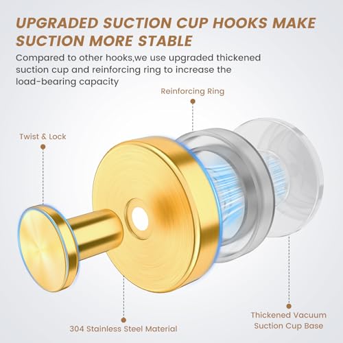 BKV Suction Cup Hooks for Glass Window,Removable Shower Hooks for Inside Shower,Metal Towel Hooks for Bathrooms,2 Pack(Gold) — view 2