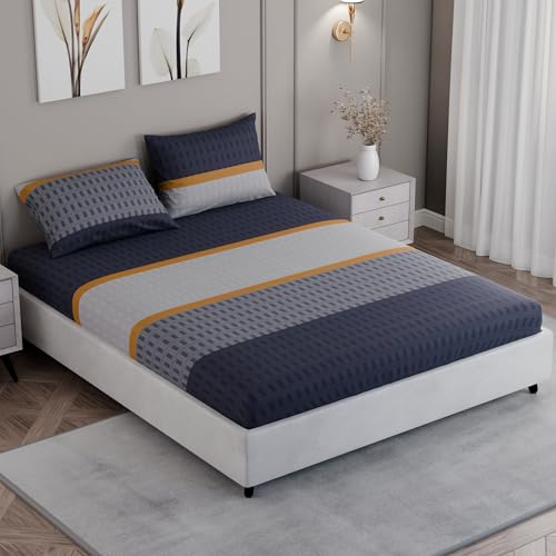 Image of BLISSHOME SoftTouch 150TC Cotton King Size Fitted Bedsheet with 2 Pillow Covers, Silky Smooth Bedding Set, Breathable, Easy Maintain, Geometric Pattern - Blue (183cm x 198cm + 25cm Drop)