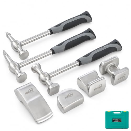 Image of KATSU Tools 7-Piece Professional Car Body Repair Hammer & Dolly Set, Stainless Steel, Auto Panel Beating and Dent Removal Tool Kit for Car Bodywork Dent Removal, Model 454242