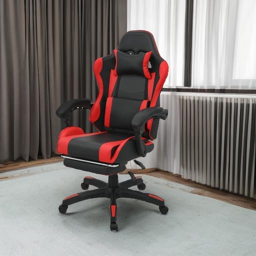 Miniatura 5 de Magshion Silla de juegos de respaldo alto con reposapiés, reclinable ergonómico ajustable, silla de computadora de piel sintética giratoria de 360