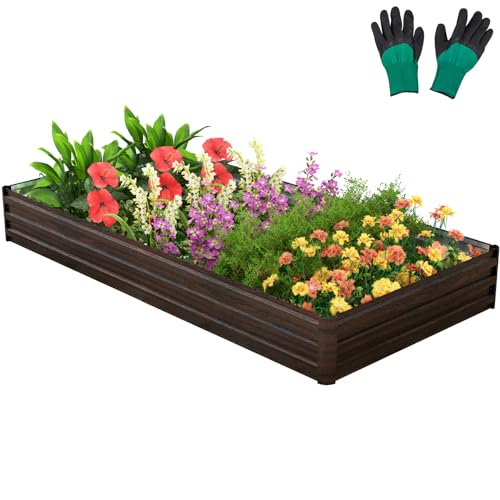 GiantexUK Raised Garden Bed, Galvanized Metal Rectangular Planter Box with Open Bottom, Outdoor Elevated Flower Pots Grow Box Container for Vegetables Herbs Plants (240 x 120 x 30cm, Coffee)