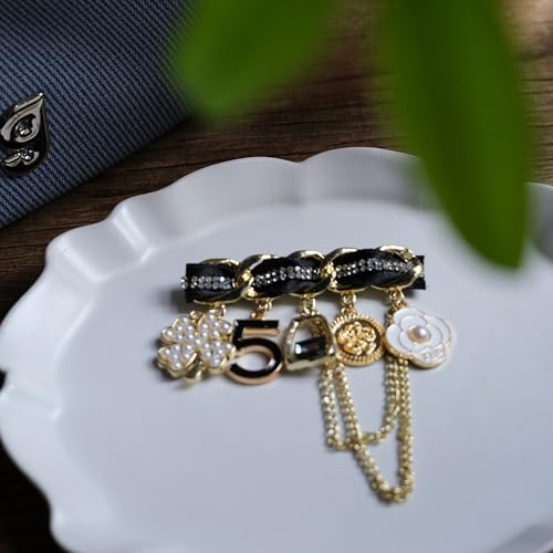 Image of Gold Vintage Fashion Number 5 Camellia Four Leaf Clover Pearl Rhinestone Pendant Brooch Pins Brooches for Women Wedding /Banquet Jewelry