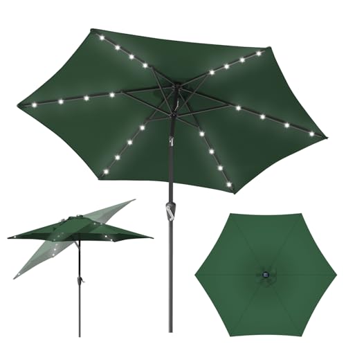 Fiqops Ombrellone LED solare Ø 270/350 cm con manovella | Ombrello da giardino parasole protezione UV 50+ | Ombrello a manovella impermeabile per giardino, balcone, senza supporto, Verde con LED, 270