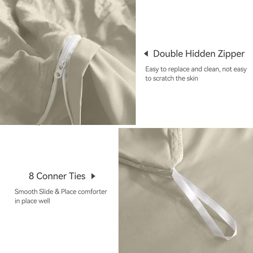 Image of JELLYMONI Light Khaki Duvet Cover Full Size, 3pcs Washed Microfiber Bedding Set, Soft Breathable Seersucker Duvet Cover Set with Zipper Closure and Corner Ties for All Seasons