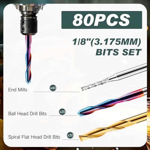 Threlaco 80 Pcs End Mills CNC Router Bits, 1/8" Shank CNC Cutter Milling Carving Bit Set Including 2-Flute Flat Nose and Ball Nose Milling Bits, Nano Blue Coat and Titanium Coat CNC Kit - Image 4