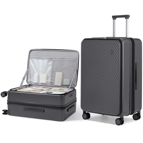 mixi 24 Inch Large Expandable Checked Luggage PC Hard Shell Suitcase Top Opening Rolling Travel Suitcases with Spinner Wheels & TSA Lock, Rock Gray