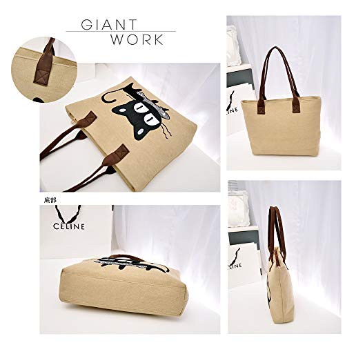 MINGZE Frauen Schulter Beutel, Segeltuch Tasche Maedchen Niedliche Katze fressen Fische Einkaufstaschen Handtaschen Strand Taschen Handtaschen (Schwarz grau)