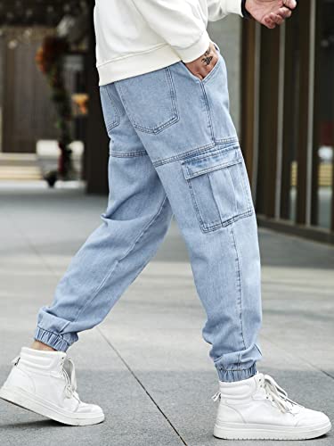 OYOANGLE Men's Drawstring Waist Flap Pocket Jogger Cargo Pants Carrot Denim Jeans with Pocket Light Wash Small