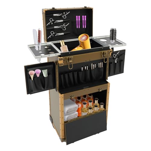 Image of Stylist Modern Rolling Hairdressing Trolley, Lockable Makeup Train Case Beauty Salon Gold Cosmetic Luggage Travel Organizer Tool Box with Hair Dryer Holder