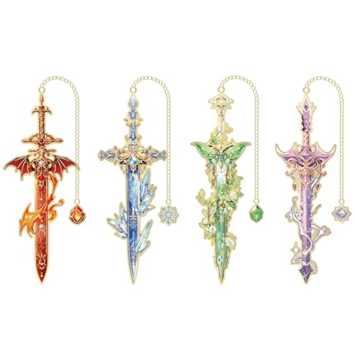 Image of 4Pcs Retro Sword-Shaped Metal Bookmarks, 4 Colors Fantasy Style with Chain Pendant, Cool Reading Accessories & Gift for Students, Men, and Book Lovers