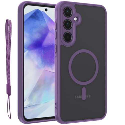 for Samsung A55 5G Magnetic Case, Upgraded [with Lanyard Strap] [Full Camera Protection] [Compatible with Magsafe] Frosted Translucent Slim Thin Phone Case,for Samsung A55 5G case 6.6 Inch-Purple