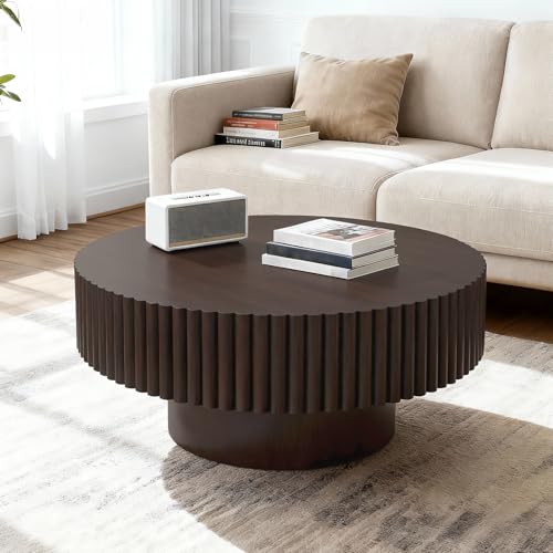 Rovibek Fluted Round Coffee Table, 31.5" Modern Wooden Coffee Table with Fluted Base, Circle Accent Center Table for Living Room Apartment Office Small Space, Easy Assembly (Brown) by Rovibek - Image 4