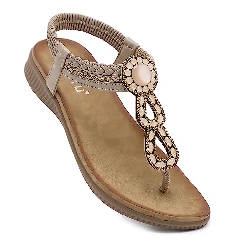 DKCHENH Womens Sandals Shoes Comfort Walking for Summer: Non Slip Casual Beach Shoes, Adorned with Ankle Elastic and Stunning Jeweled Bohemian Flats