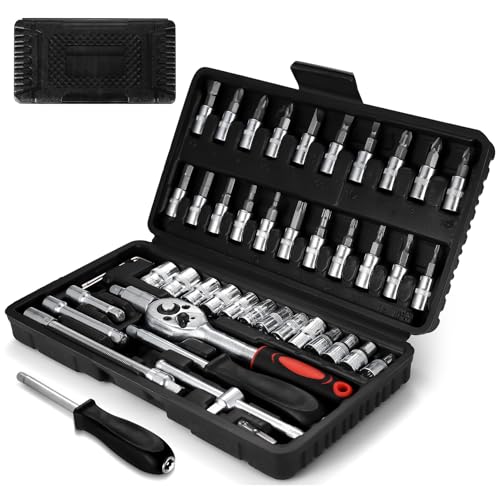 46 Pcs Juego de Llaves de Vaso, Llave Carraca 1/4', Caja de Herramientas Completa, Maletin Herramientas Profesional, Llaves de Tubo, Ferramentas Mecanica Auto para Reparación de Moto Bicicletas