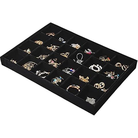 24 Grids Velvet Jewellery Tray for Drawers, Stackable Jewelry Storage Tray Organiser, Removable Jewelry Display Trays for Ring Bracelet Earring Necklace, 35x24x3cm (Black) Cover