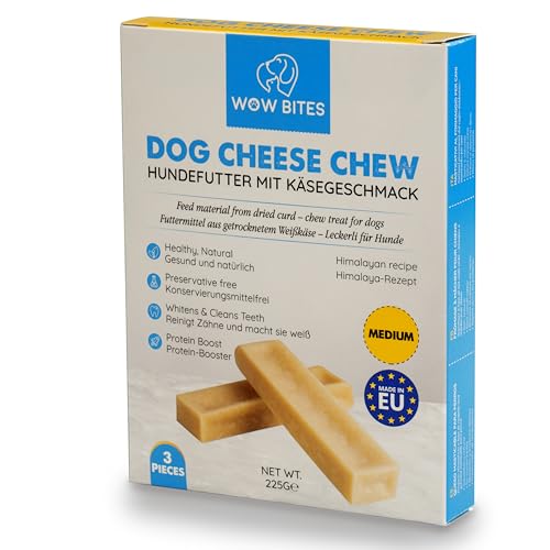 WOW BITES Premium Kaukäse für Hunde – Langer Kauspaß aus natürlicher Milch – Kaukäse Hundeknochen - Mittel Käsestangen – (225 g, 3er Pack, M)