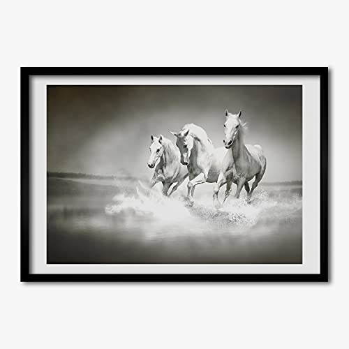 Cadre MDF Tulup 70x50 cm avec tableau chevaux blancs déco moderne en bois