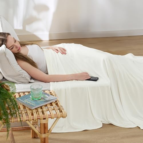 Bedsure Off White Cooling Blanket Queen Size for Hot Sleepers - Summer Cold Blanket for Queen Size Bed with Rayon Derived from Bamboo, Ice Cool Cold Arc-Chill Thin Summer Bedding Essentials, 90x90