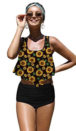 Angerella Womens Cute Sunflowers Seamless Pattern Flounce Bikinis High Waisted Swimsuits,L-3 Black