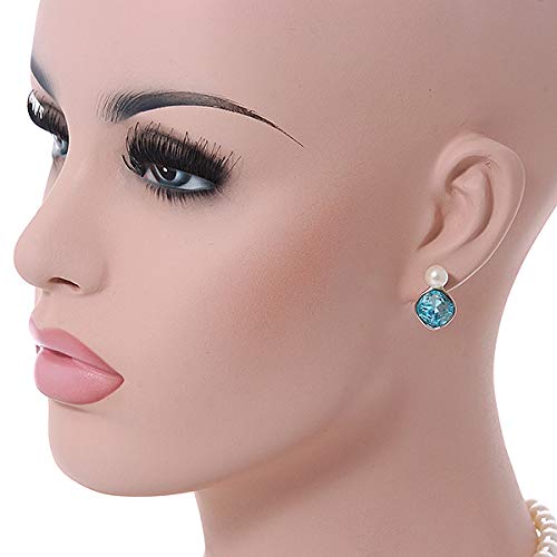 Collar de perlas de imitación blancas cristales azules pendientes tuerca plateados 3