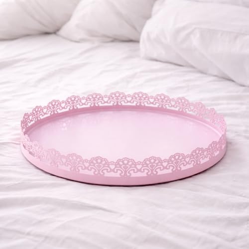 Image of Gold Finish Decorative Metal Tray | Multipurpose Serving & Vanity Tray | Premium Cutwork Design | Home Decor Organizer | 28 x 4 cm (Baby Pink)