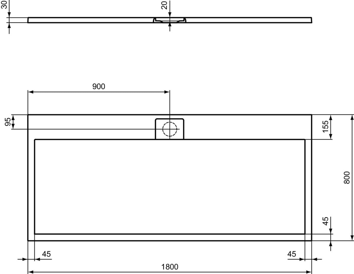 Ideal Standard - Ultra Flat S i.life, Plato de ducha rectangular 180 x 80 cm, de resina, desagüe lateral largo, acabado mate efecto piedra, blanco