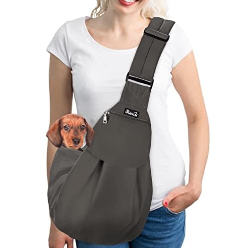 SlowTon Dog Carrier Sling, Thick Padded Adjustable Shoulder Strap Dog Carriers for Small Dogs, Puppy Carrier Purse for Pet Cat with Front Zipper Pocket Safety Belt Machine Washable (Gray M)