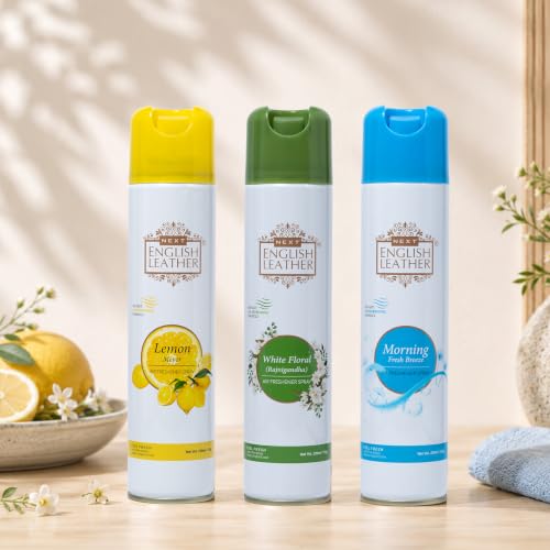 Image of Next Care English Leather Air Freshener Spray 220ml Each | Long Lasting Room Freshener for Home, Office & Car | Odour Eliminator (Morning, Lemon & White Floral)
