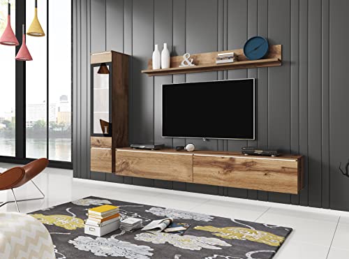 PIASKI Vera I Ensemble de Meubles de Salon avec Meuble TV, vitrine et étagère, Plateau stratifié MDF, éclairage LED en Option, Style Moderne, Couleur Wotan, avec éclairage LED – vue 2