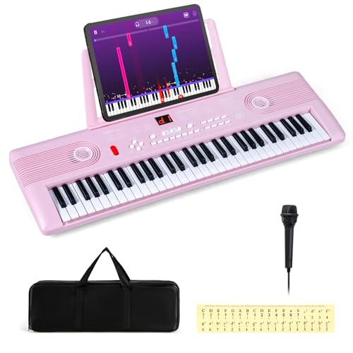 COSTWAY 61 Key Keyboard Piano, Portable Digital Piano with Microphone, Keynote Stickers, Carrying Case, Electric Piano for Beginners (Pink)