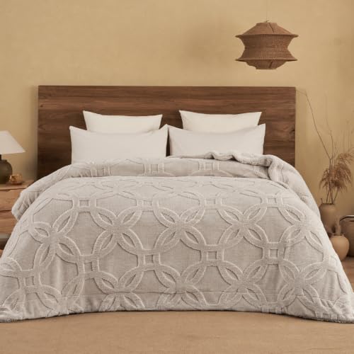 PHF Soft Sherpa Fleece Blanket Twin, Tufted Jacquard, 01-Oak