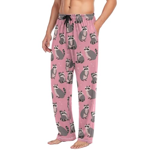 Vdsrup Men's Pajama Pants Cute Raccoon Pink Pajama Pants for Men PJs Bottoms Drawstring Pockets Sleep Lounge Pants S4