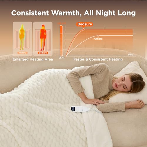 Image of Bedsure Heated Blanket Throw - Super Soft Flannel Sherpa Electric Blanket with Bubble Pattern, Heating with 6 Heating Levels, 4 Time Settings, and 3-Hour Auto-Off (Coconut White, 50x60 inches)
