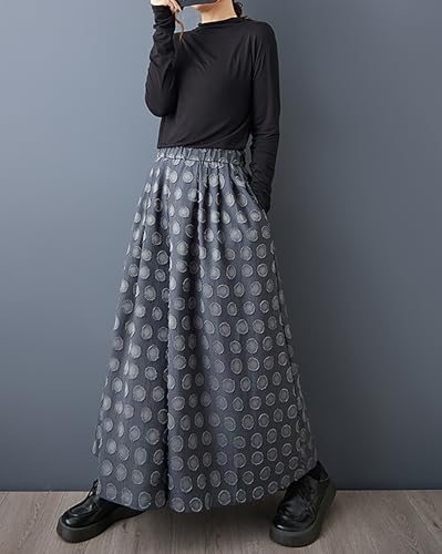 ellazhu Women's Pants Solid Polk Dot Two Side Pockets Wide Leg Elastic Waist Fashion Casual Plus Size Maxi Loose GZ5933