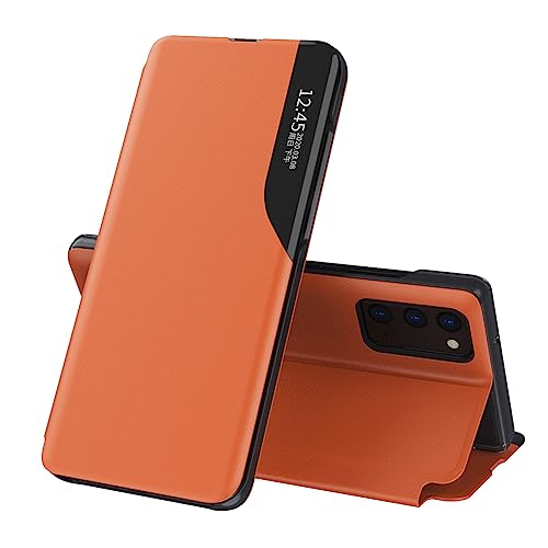 IMEIKONST Compatible with Samsung Galaxy Note 20 Case, Bookstyle Clear View Window Flip Foldable Kickstand PC Shell PU Leather Shockproof Protective Flip Cover for Samsung Note 20. Orange QH1