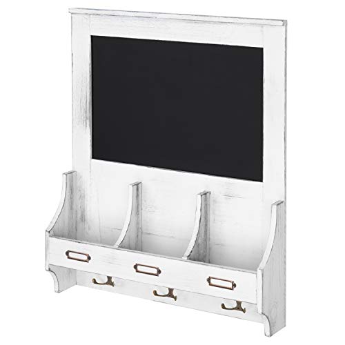 Mygift Vintage White Wood Mail And Key Holder For Wall Organizer Rack With Label Holder, 3 Hooks And Chalkboard #TOP3
