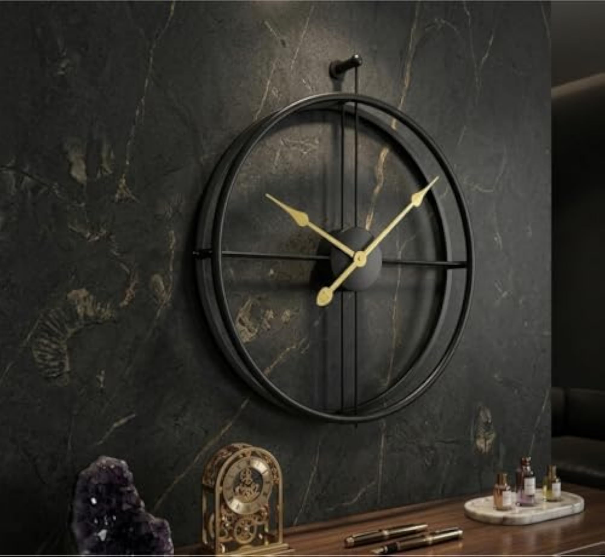 Large Round Metal Wall Clock, Gold, 20 Inch