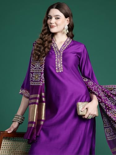 Image of INDO ERA Silk Women's Liva Solid Straight Kurta and Pant with Dupatta Set (KH1PR9632)