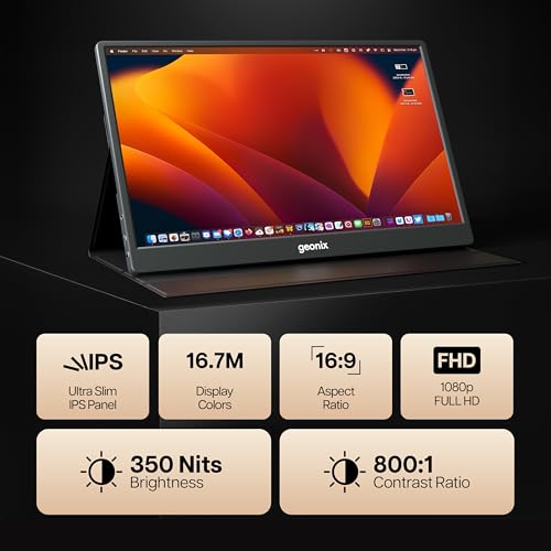Image of GEONIX 17.3 inch Full HD 1080p IPS Portable Monitor, Ultra-Slim, IPS, 350 Nits Brightness, Foldable Kickstand Cover, Dual Speakers, USB-C & Mini HDMI, for Laptop /Phone /Console, 1 Year Warranty (Black)