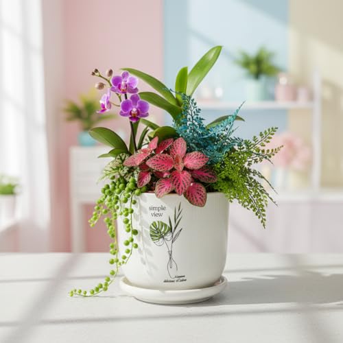 Image of Xtore Ceramic Planter with Drainage Tray | Minimal Botanical Print Flower Pot for Home, Study Table, Office Desk & Window Decor - (White, 1 Piece, Planter ONLY)
