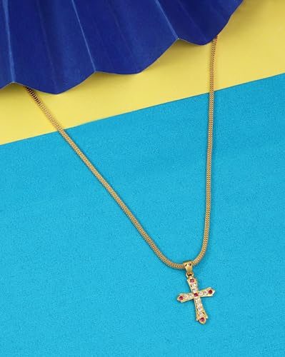 Image of CUTE GOLD One Gram Micro Gold Plated Men Style Lord Jesus Cross Pendant Chain For Mens And Womens (24 inch)(DC-1166)