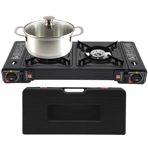 Hornillo de gas para camping, 2 fuegos, 2,5 kw, placa de gas de 100 g/h, quemador de gas para exteriores, con encendido piezoeléctrico, sin cartuchos de gas, con maletín de almacenamiento para