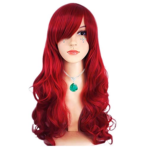 Uniyou Long Big Wavy Wig with Bangs 24 Inches Dark Red Curly Mermaid Hair Wigs Women's Premium Heat Resistant Synthetic Wig for Cosplay Costume Theme Parties