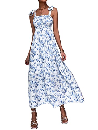 MakeMeChic Women's Fall Floral Dresses 2025 Beach Vacation Casual Blue and White Long Maxi Sundresses