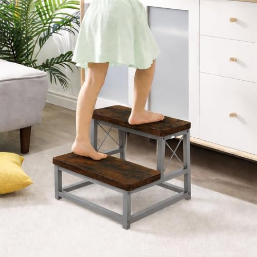 Image of 82984 Heavy Duty Wooden Step Stool for Adults, 2 Tier Heavy Duty Step Stool for High Bed with Non-Slip Feet, Using for Bedroom, Living Room, Bathroom and Kitchen (Grey)