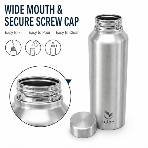 Image of Stainless Steel Water Bottle 1 Litre | Single Wall, Leak Proof Fridge Bottle with Wide Mouth | Office, Gym, School, Travel & Home (CLASSIC | 3PC SET)