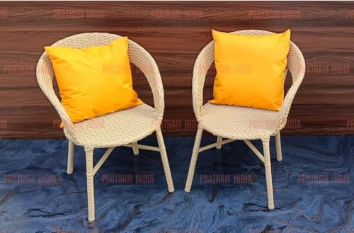 Image of PRATHAM India Outdoor 3 Pieces All Weather Wicker Patio Rattan Chair and Table Bistro Set with Powder Coated Iron Frame for Balcony, Garden, Poolside, Deck. (Honey +Yellow Pillow)